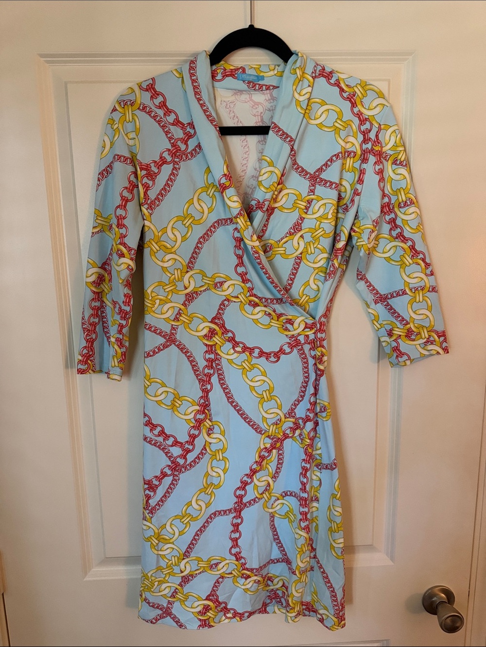 J. McLaughlin Light Blue Wrap Midi Dress with Yellow and Red Chain Print
